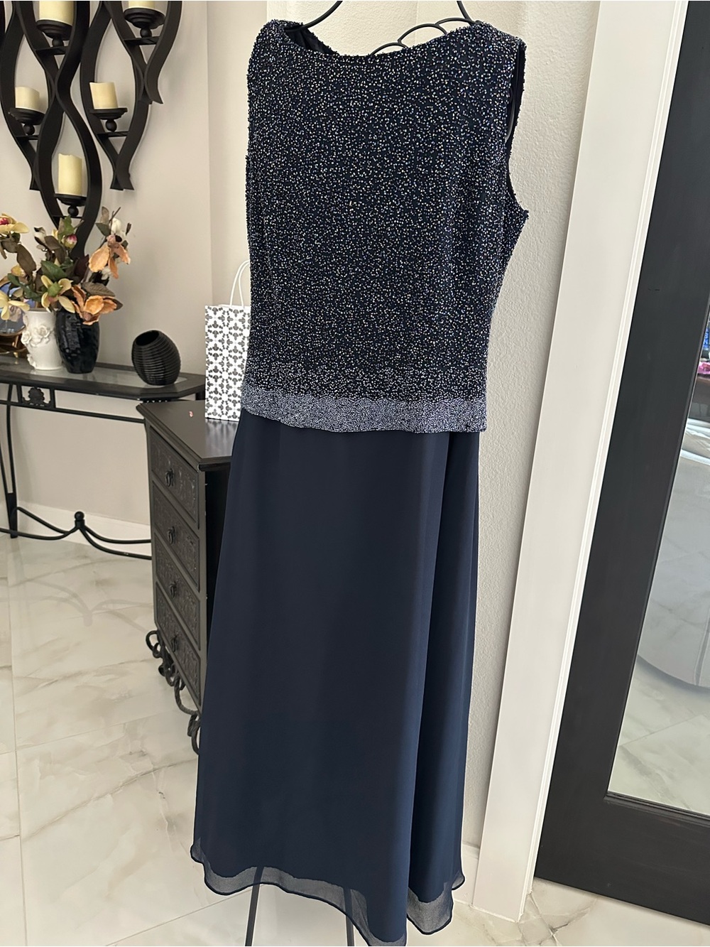 J Kara Midnight Navy Beaded Evening Gown